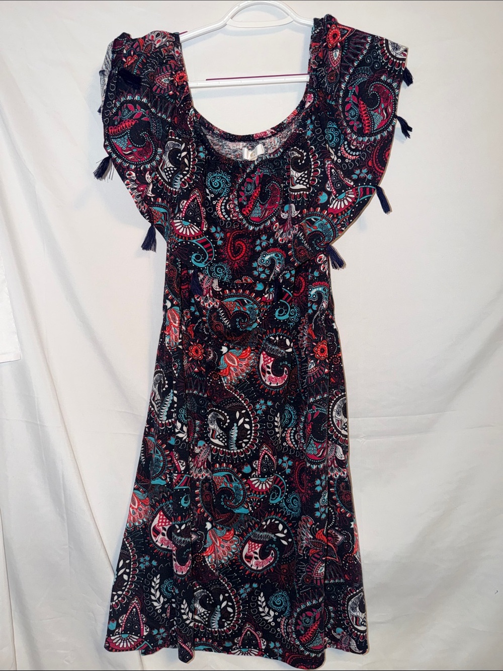 Women’s Black Paisley Print Midi Dress with Teal & Pink Accents